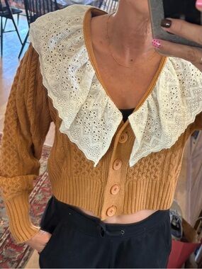 Tan crop cardigan with eyelet collar